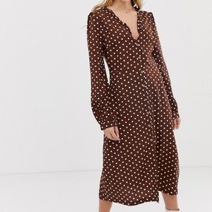 ASOS brown polka dot dress long sleeve midi dress